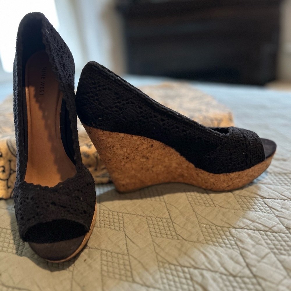 Nine West Black Peep-Toe Wedges with Cork Heel